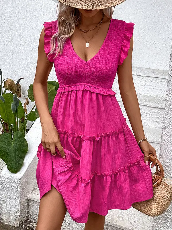 Relaxed Sleeveless Ruffle Trim Solid Color Split Joint Deep V Neck