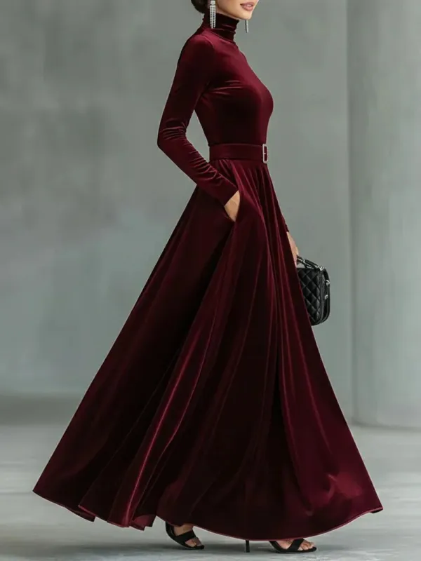 High Neck Velvet Sleeved Maxi Dress