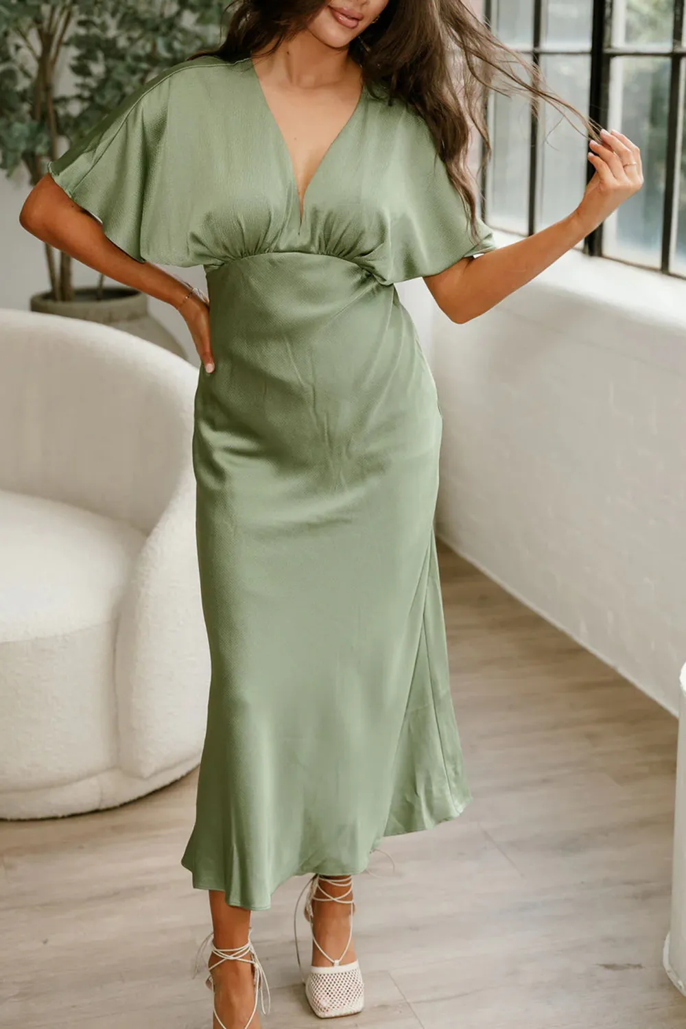 V-Neck Short Sleeve Satin Dress