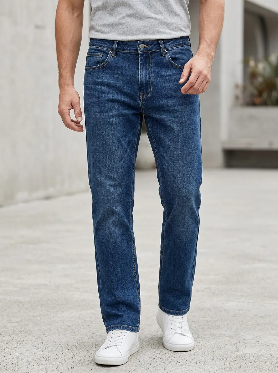 Men's Loose Fit Jeans with Straight Leg Washed Finish Classic