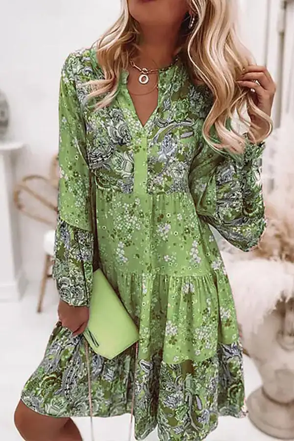 Floral-print Long-sleeve V-neck Paneled Casual Dress