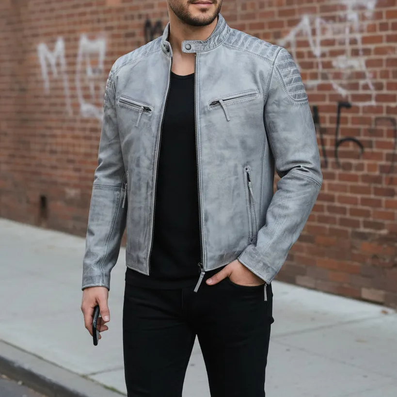 Relaxed Leather Biker Motorcycle Multi Pocket Jacket