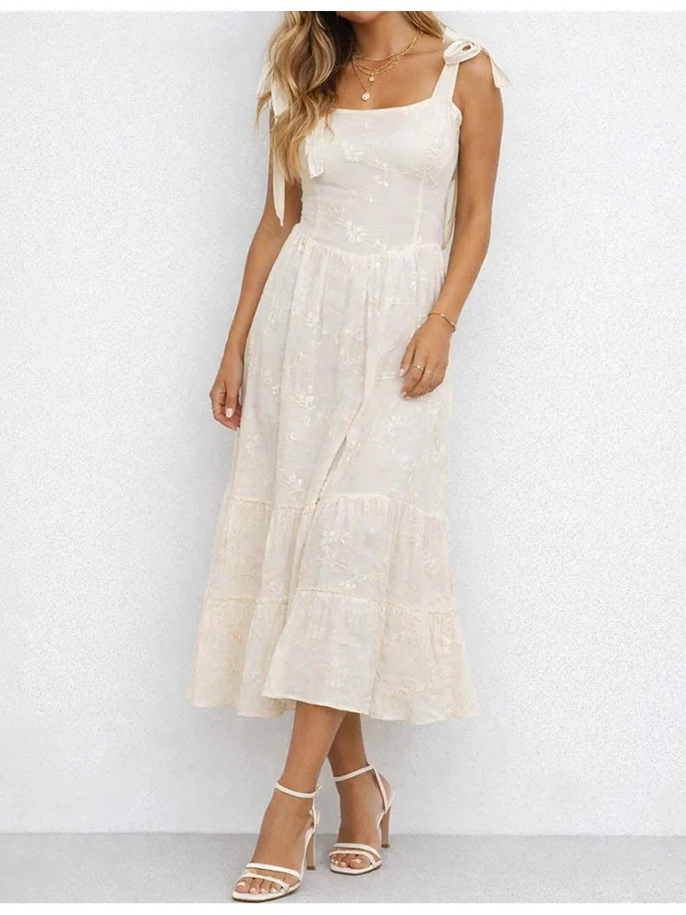 Embroidery Square Neck Shoulder Strap Midi Dress