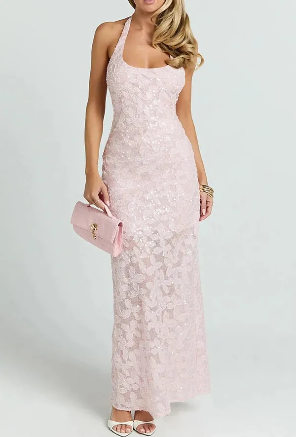 Bodycon Halter Neck Sequin Maxi Dress