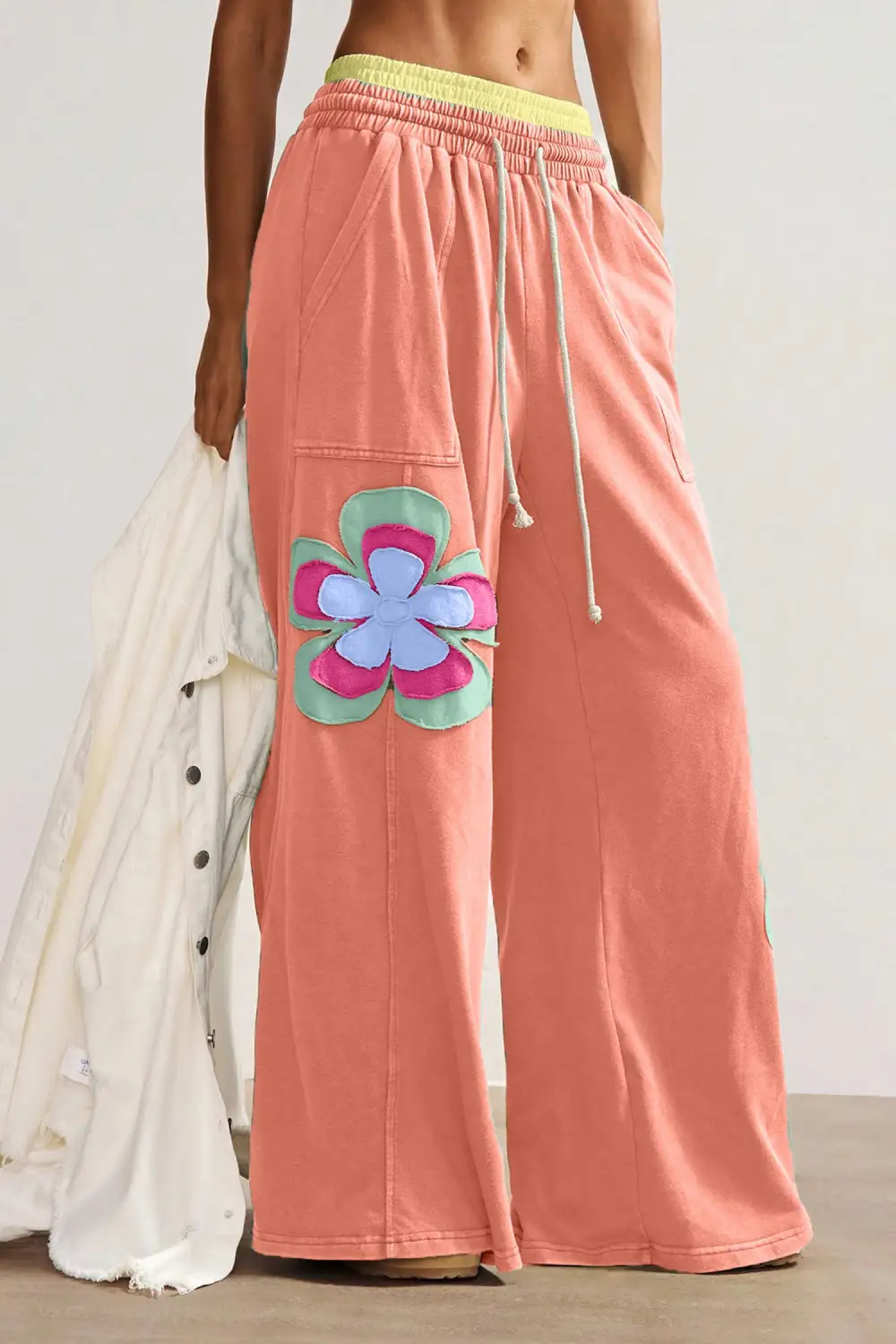 Flower Patchwork Drawstring Contrasted Elastic Rise Wide Leg Pants