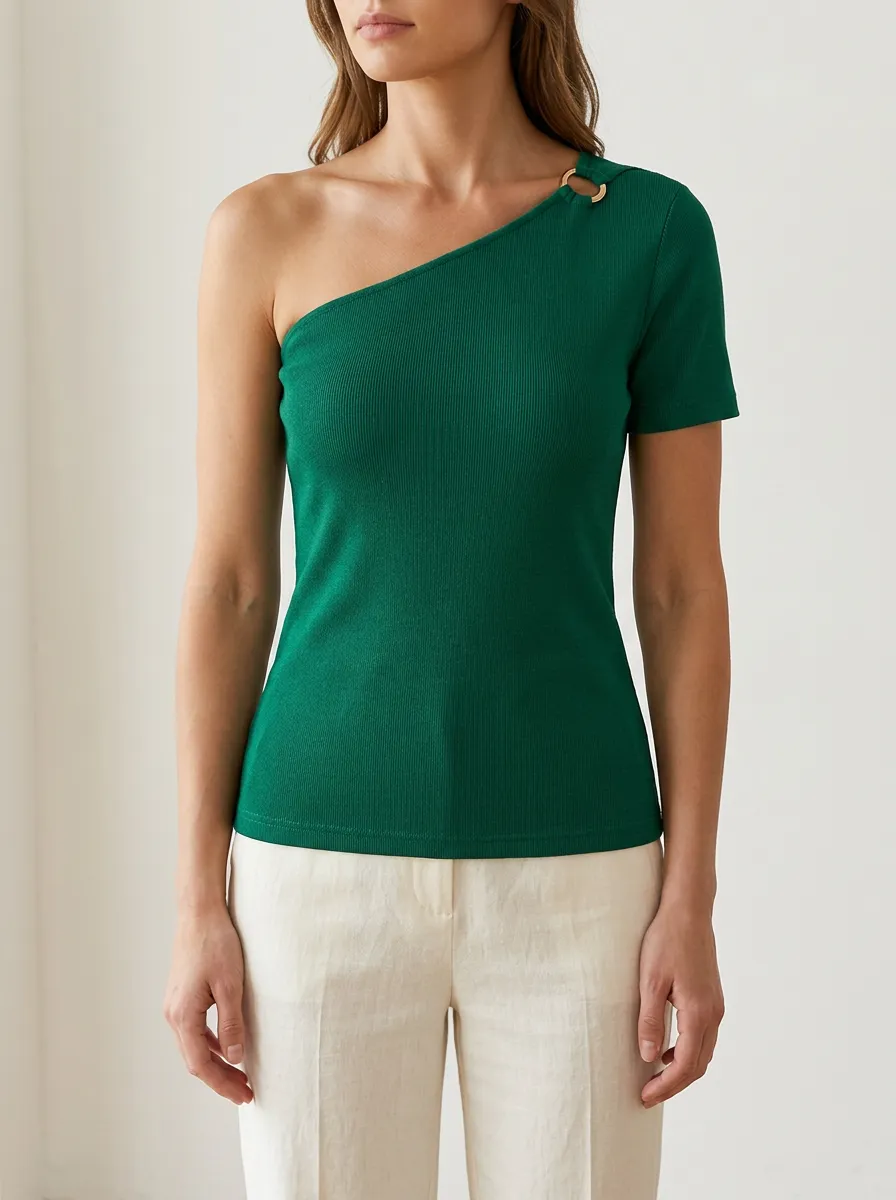 Women's Green Ribbed Metal Ring One Shoulder Top