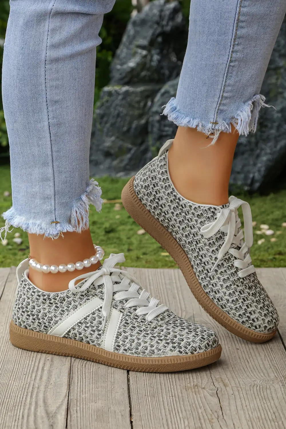 Detailed Leopard Leather Colorblock Lace-Up Casual Sneakers