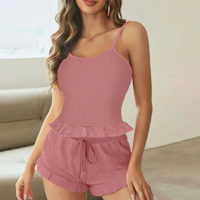 Two Piece Lace Frill Hem Pajama Set