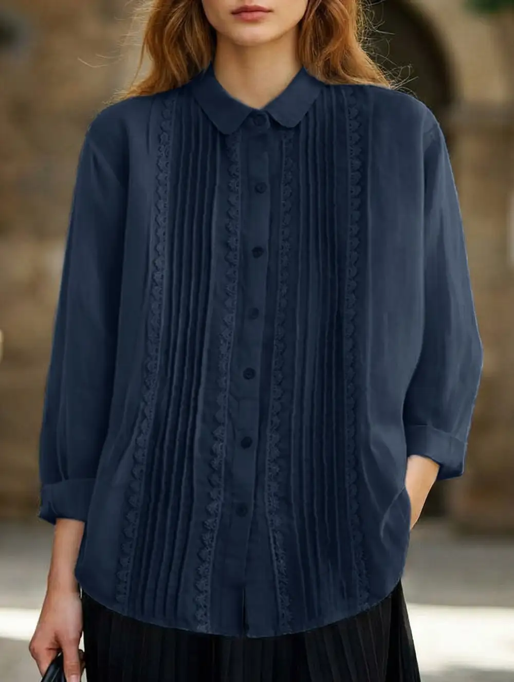 Literary Style Loose Lace Trimmed Shirt