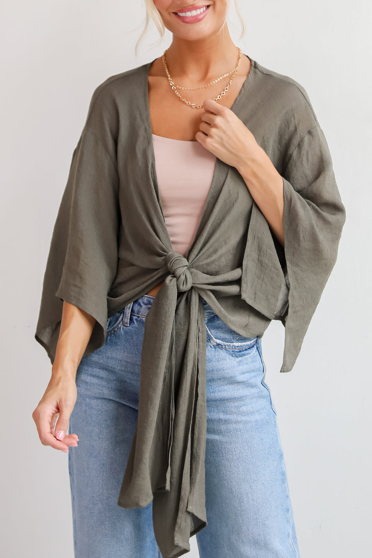 Enchanting Presence Olive Tie-Front Blouse