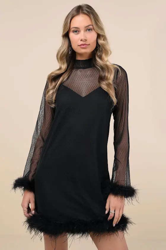 Immaculate Charisma Black Mesh Feather Long Sleeve Mini Dress