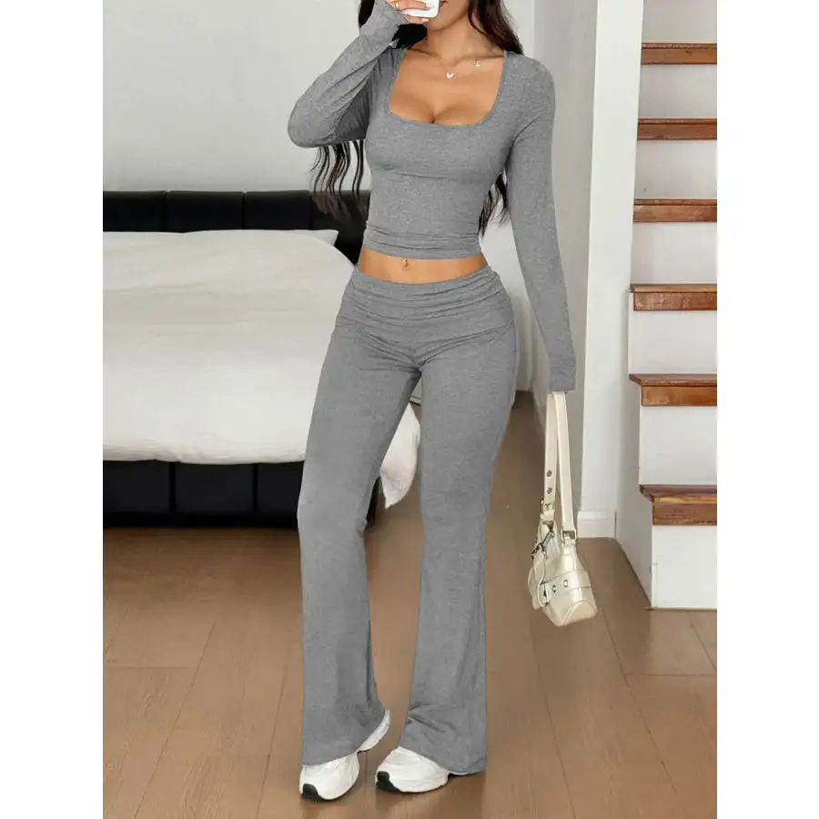 Long Sleeve Crop Top and Bootcut Pants Set