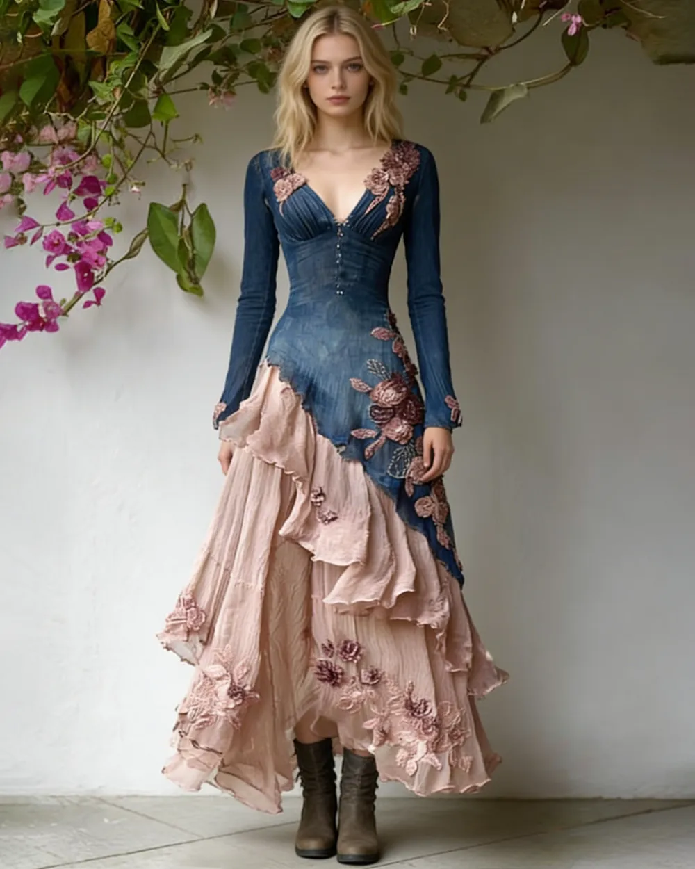 Women's Spring Elegant Flowers Irregular Ruffle Linen Dress