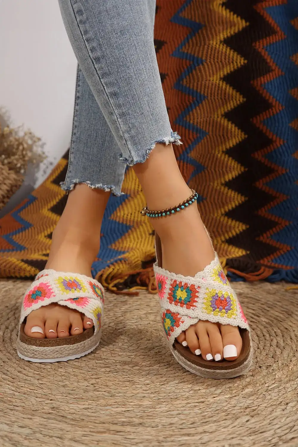 Geometric Woven Platform Slide Sandals