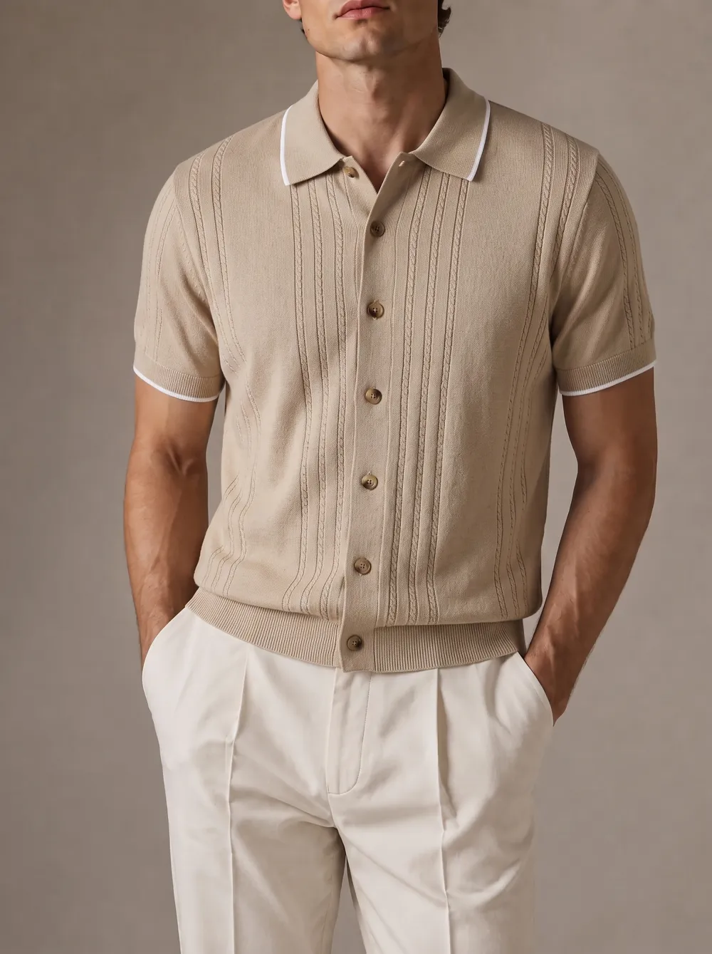 Men's Vintage Casual Beige Knitted Button-Up Polo Shirt