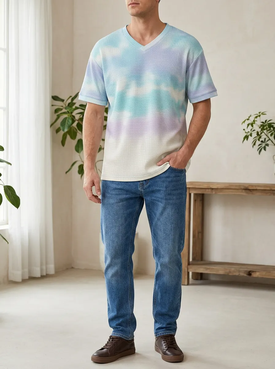 Men's Pastel Tie-Dye Waffle Knit Everyday V-Neck T-Shirt
