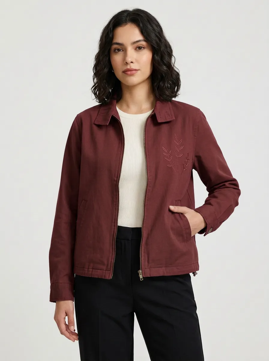 Women's Botanical Leaf Embroidered Zip-up Jacket