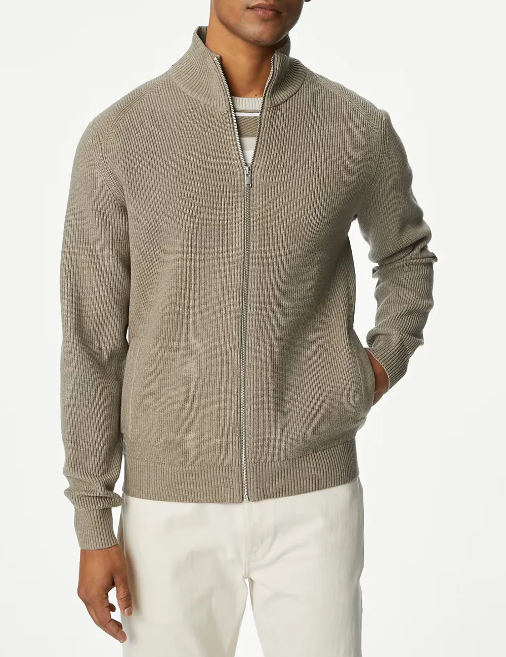 Ribbed Blend Funnel Neck Zip Up Jumper