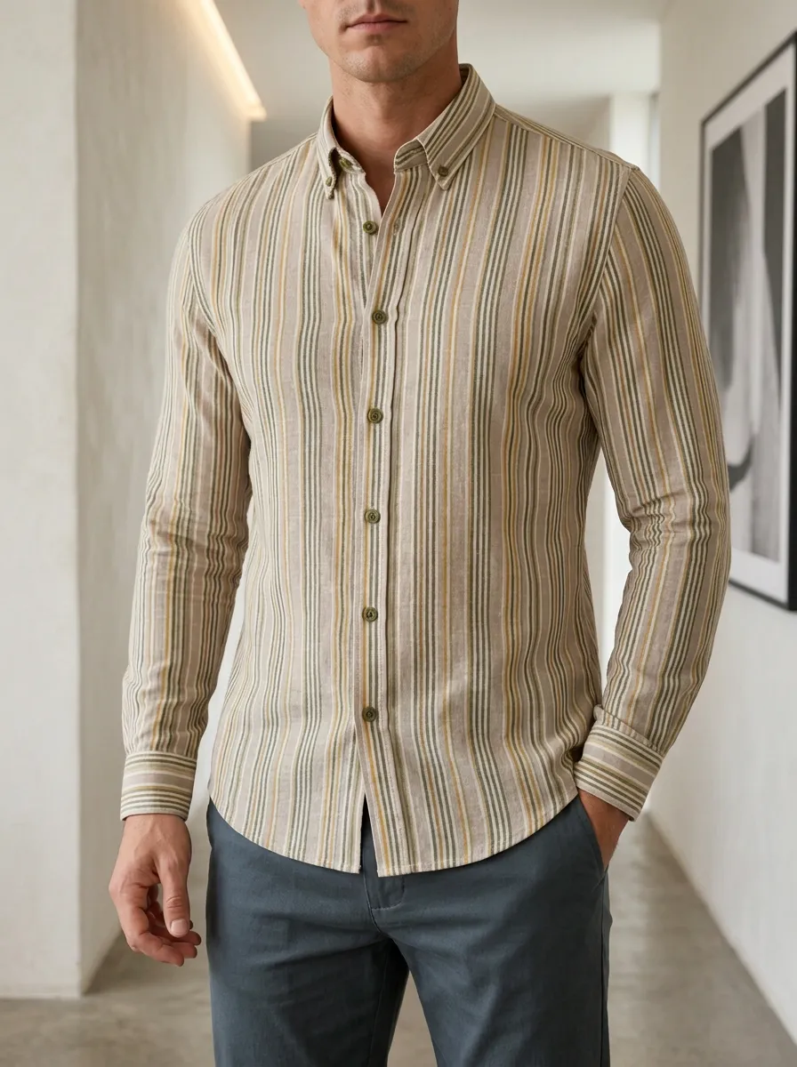 Men's Smart-Casual Multi-Stripe Long Sleeve Slim Fit Shirt