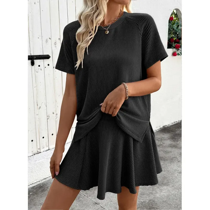 Women's Ribbed Knit Short Sleeve Top & Pleated Mini Skirt Set