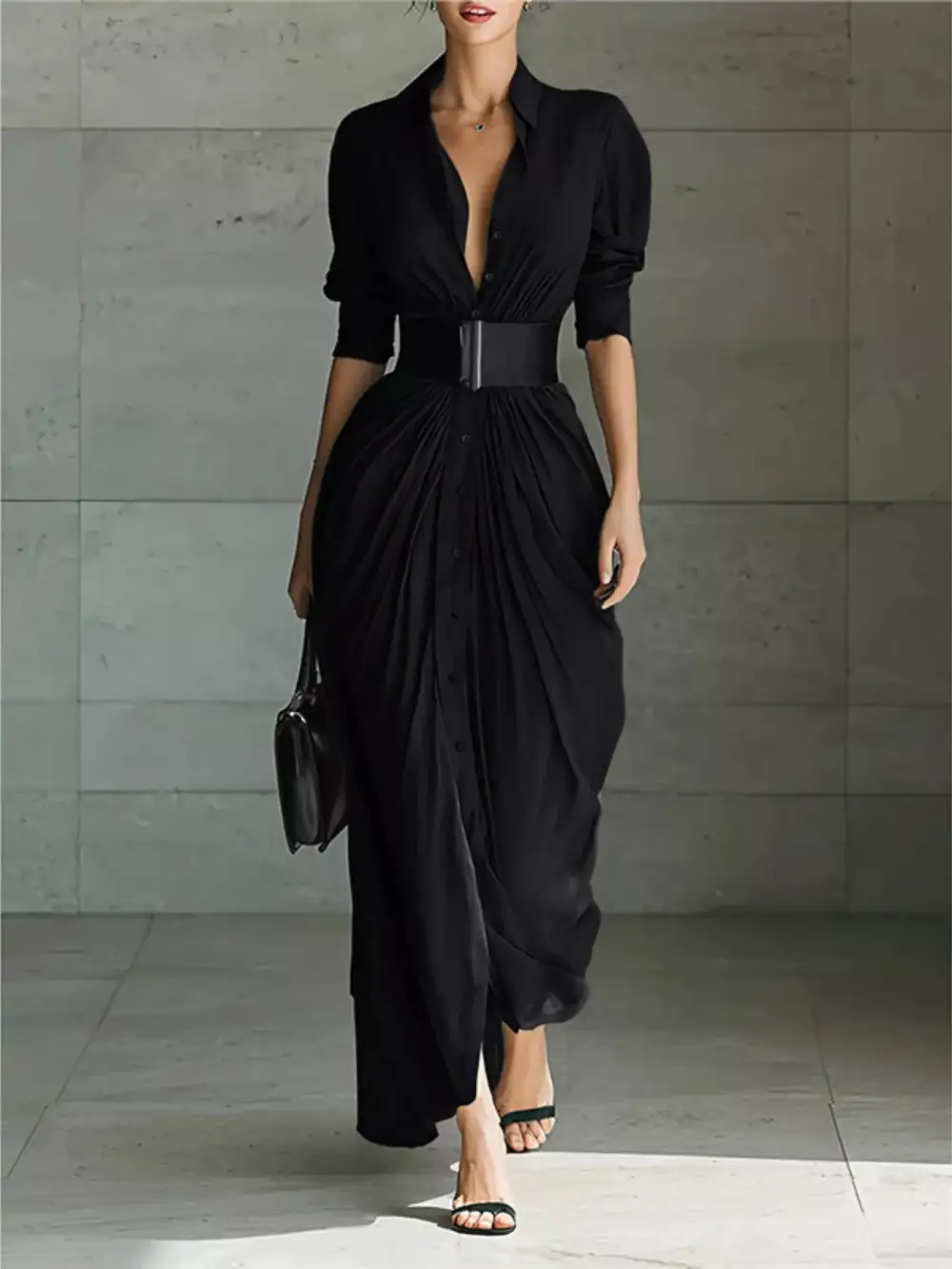 Button Front Ruched Maxi Dress