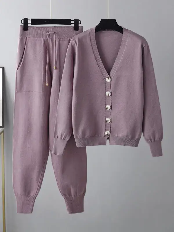 Relaxed V Neck Cardigan And Pants Set