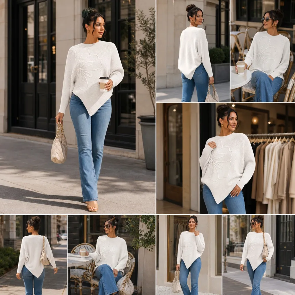 Women's Floral Batwing Sleeve Asymmetrical Sweater