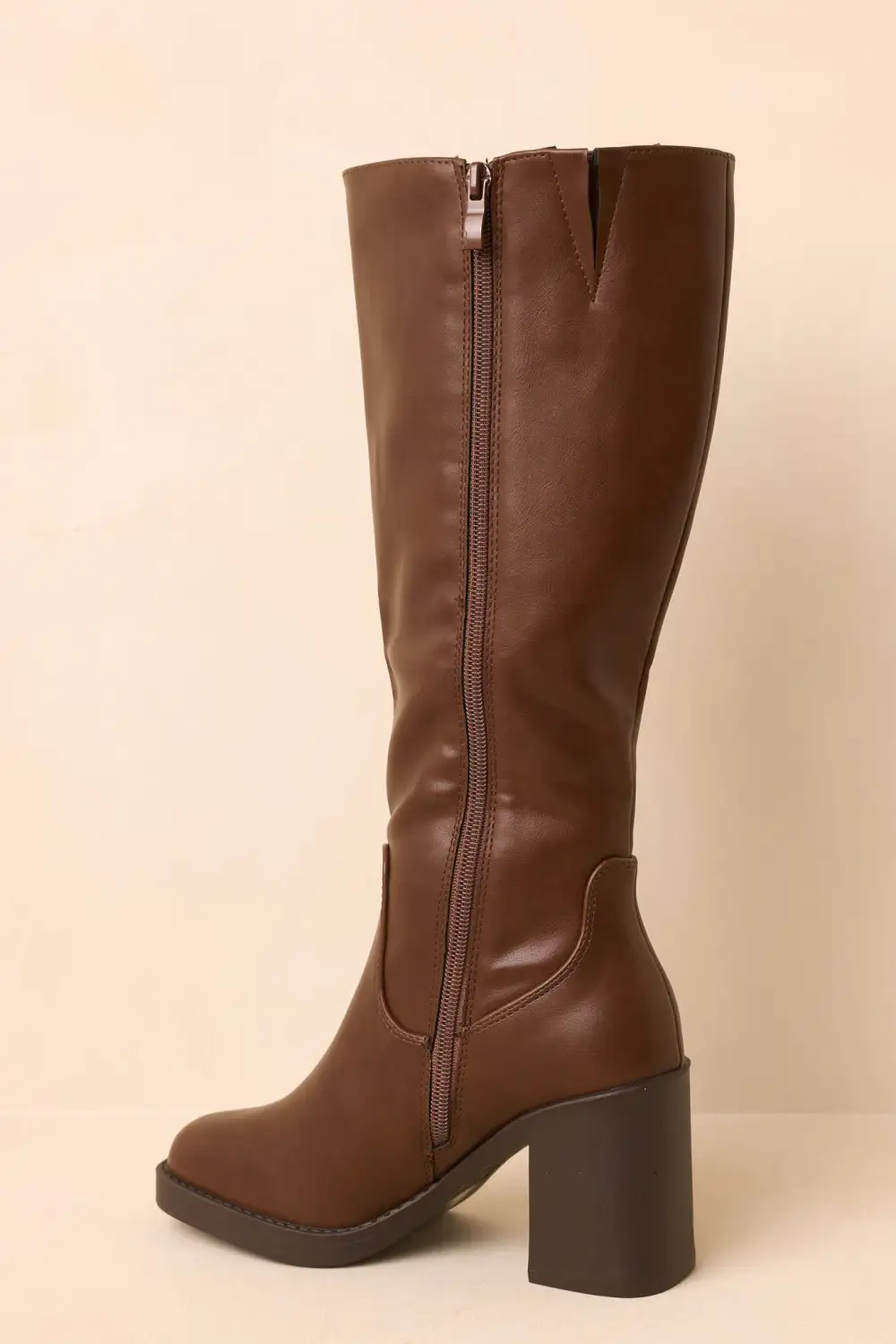 Faux Leather Block Heel Knee High Boots