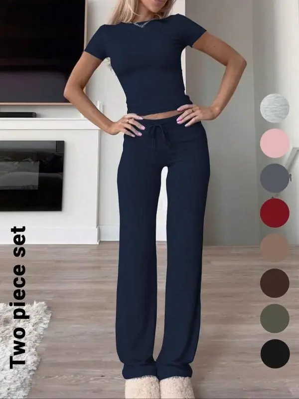 Women's Solid Short Sleeve Two-piece Set