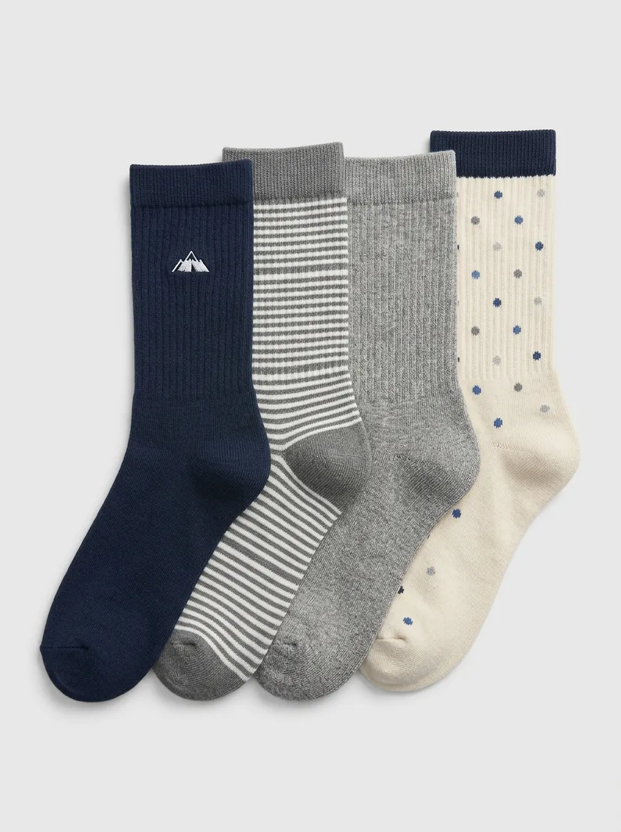 Mountain Motif Striped Polka Dot Ribbed Texture Men's Crew Socks Four-Pair Pack