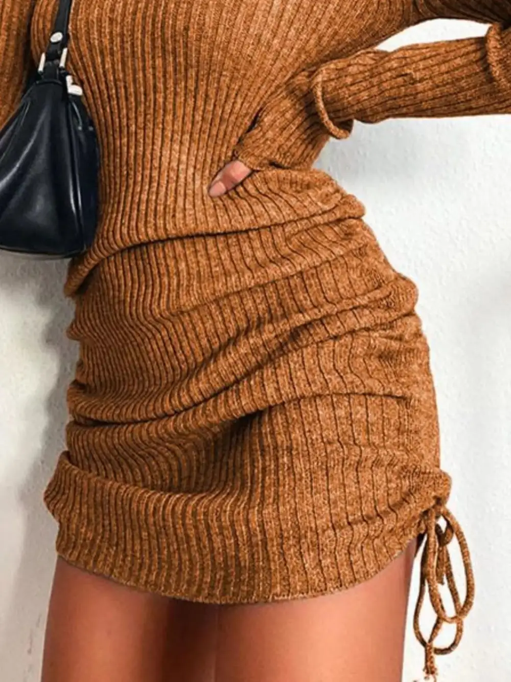 Ribbed Knit Drawstring Sweater Dress