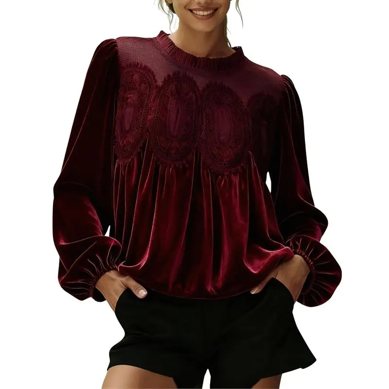 Women'S Long Sleeve Velvet Trim Lace Blouse Elegant Flared Swing Top