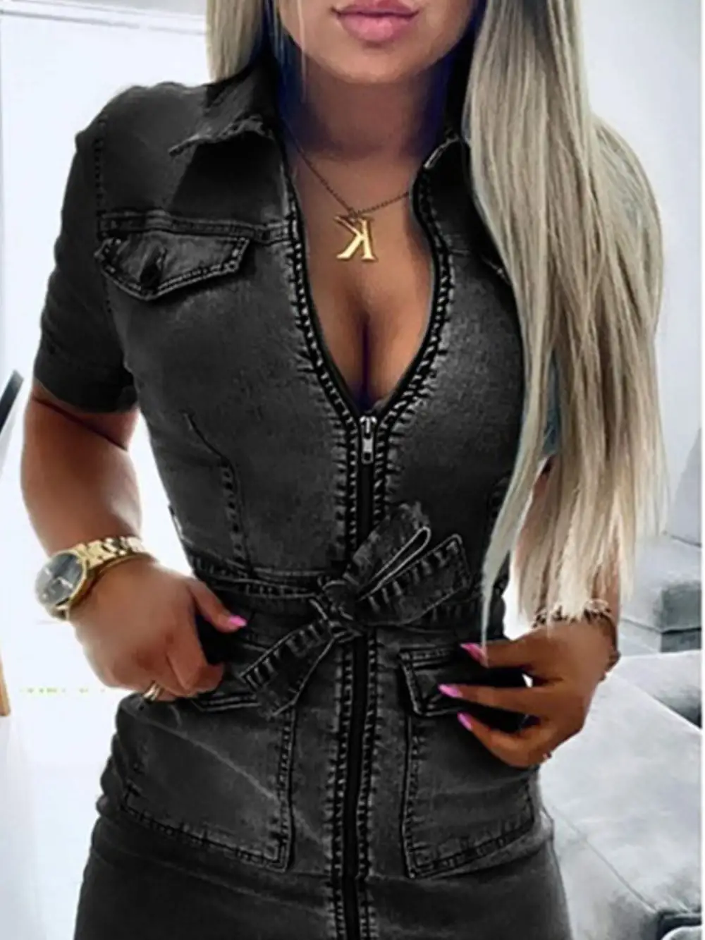 Comfort Fit Denim Zip Front Short Sleeve Dress