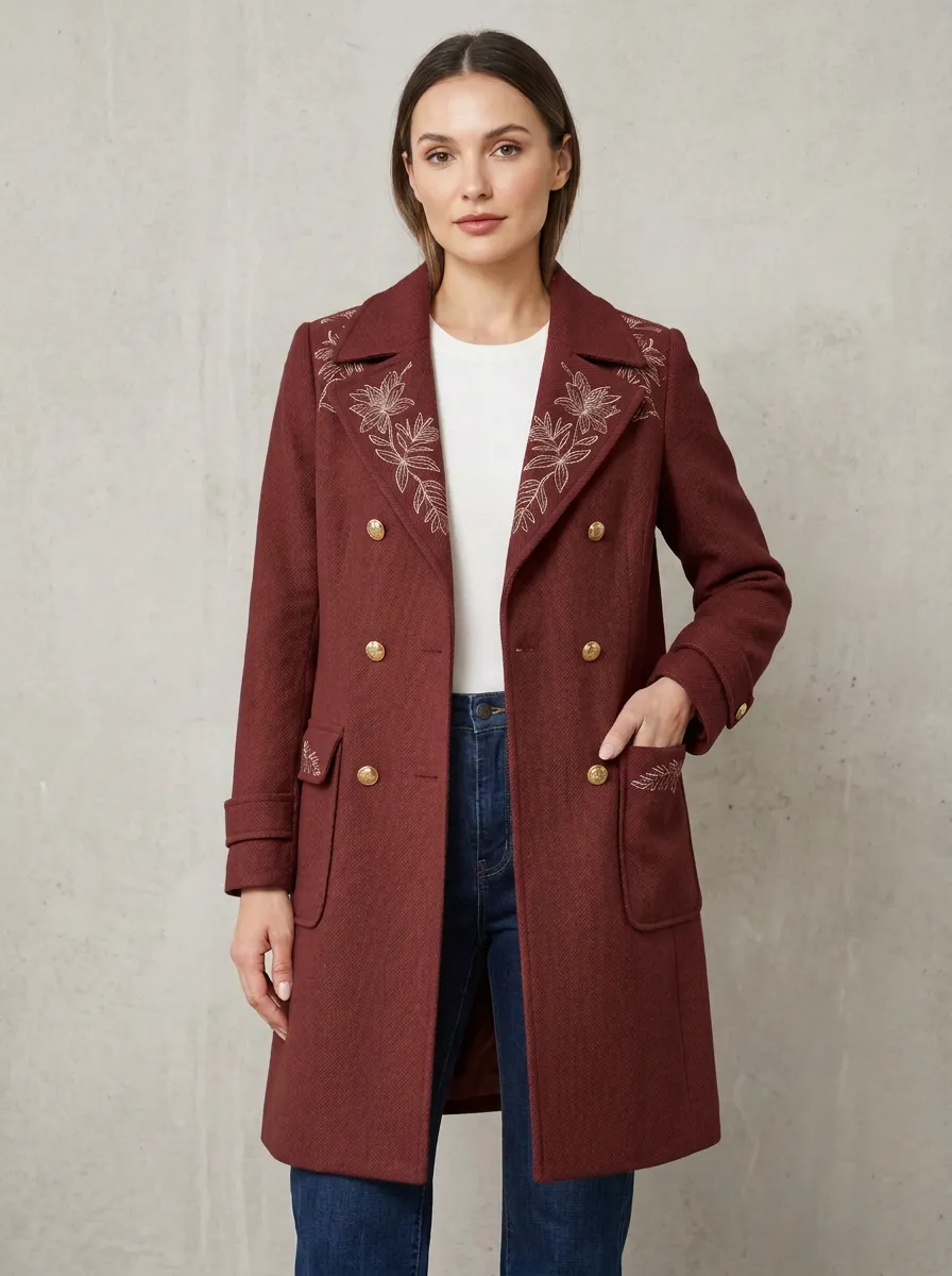 Women's Floral Embroidery Camel Double-Breasted Wool Coat