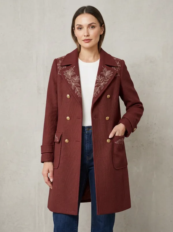 Women's Floral Embroidery Camel Double-Breasted Wool Coat