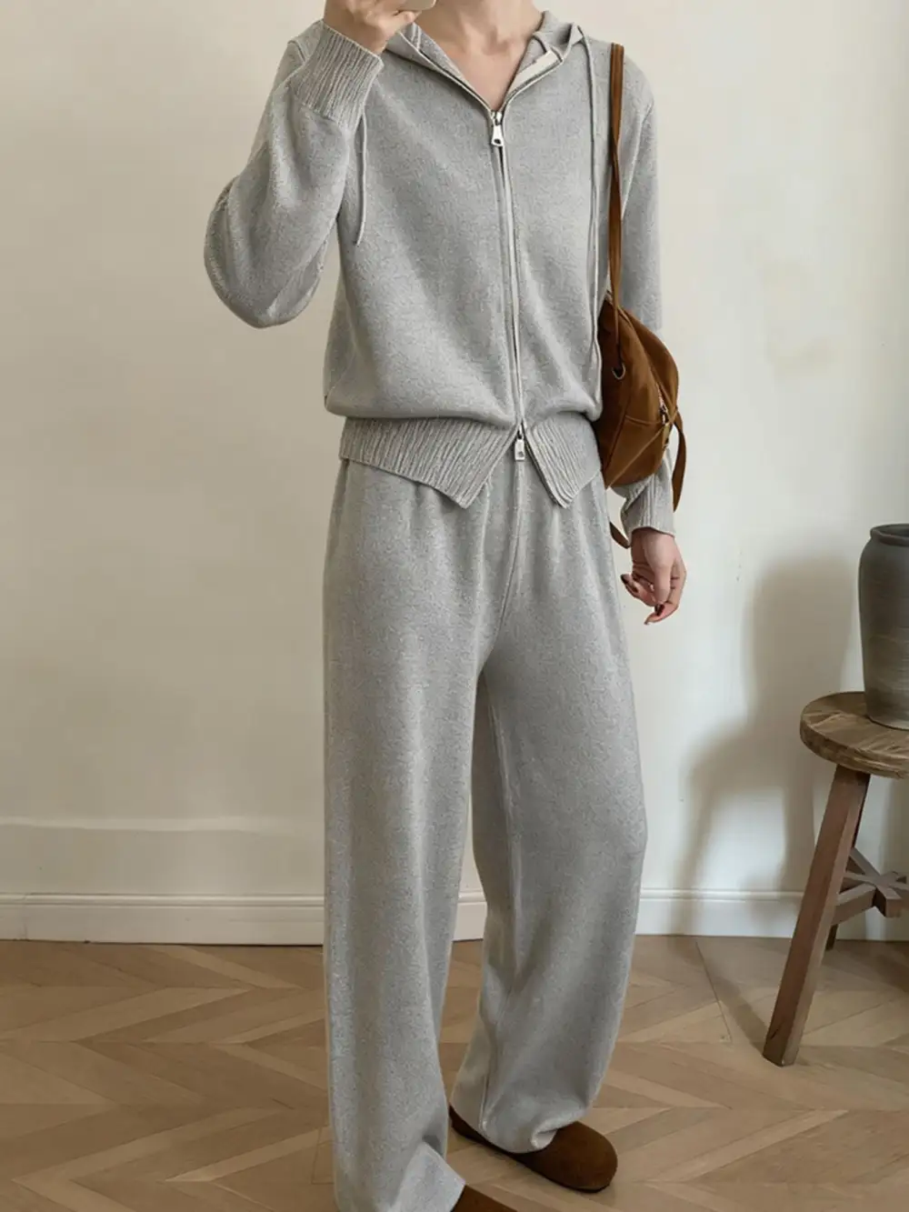 Zip Up Cardigan and Drawstring Wide Leg Pants Knit Set