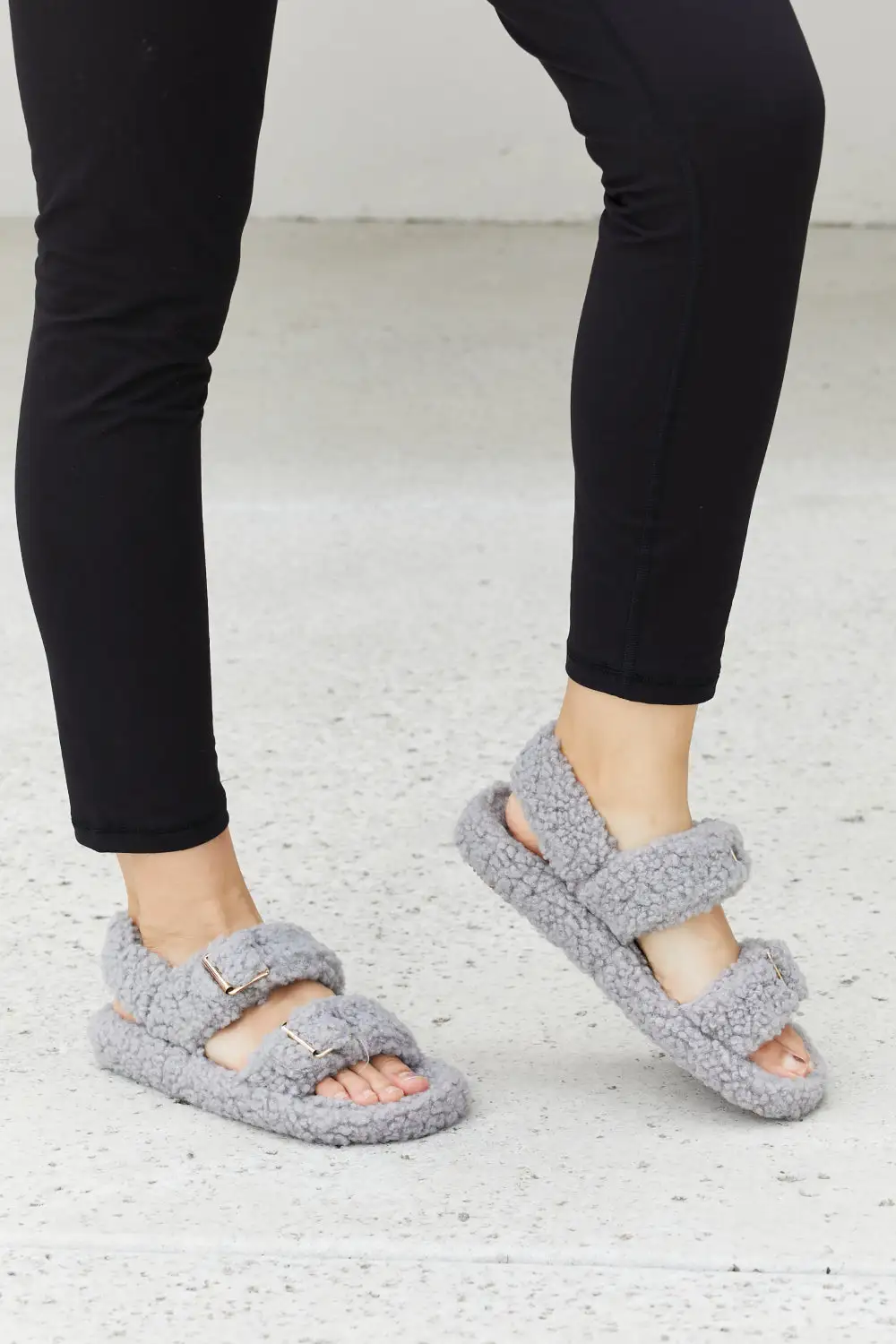 Faux Fur Buckled Flat Sandals