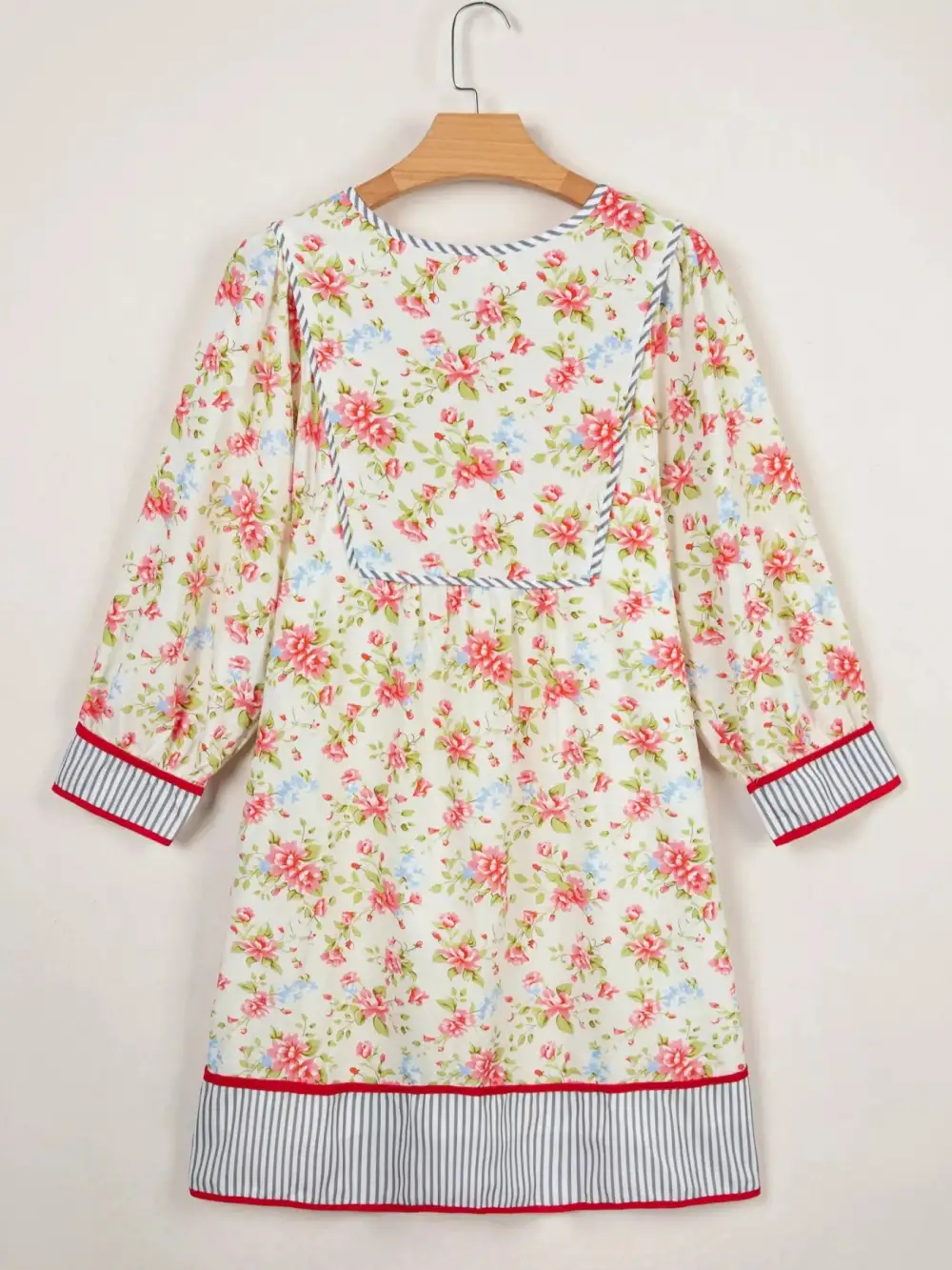 Floral Striped Puff Sleeve Dress Casual