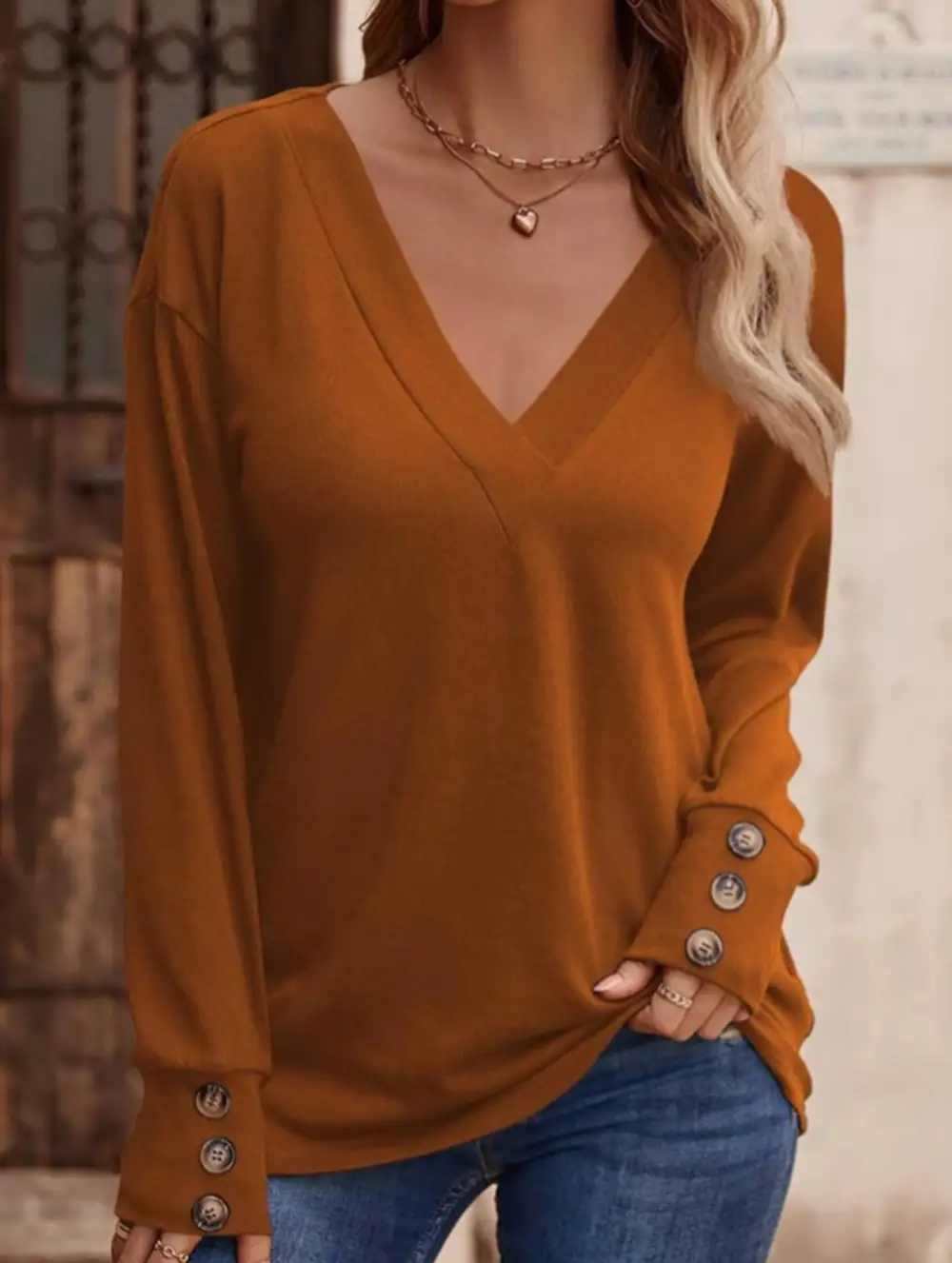 V Neck Button Loose Long Sleeve Tee