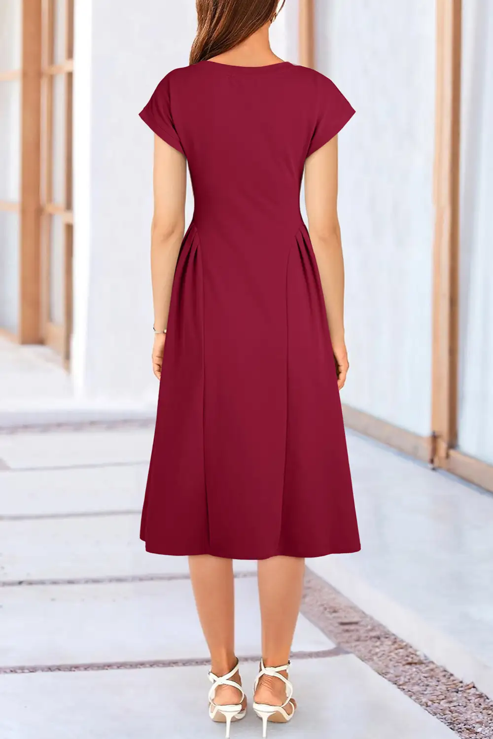 V Neck Pleated Flared Midi Dress