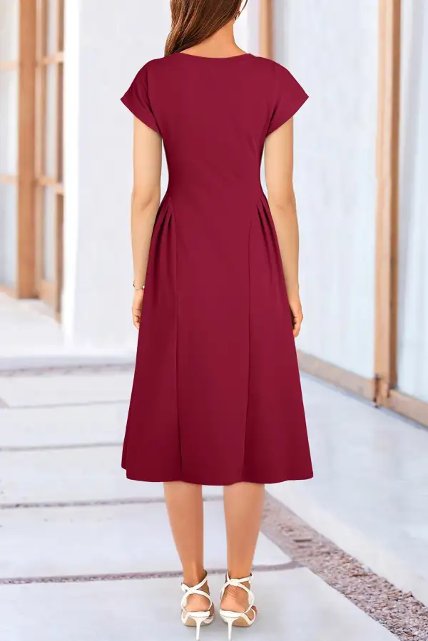 V Neck Pleated Flared Midi Dress