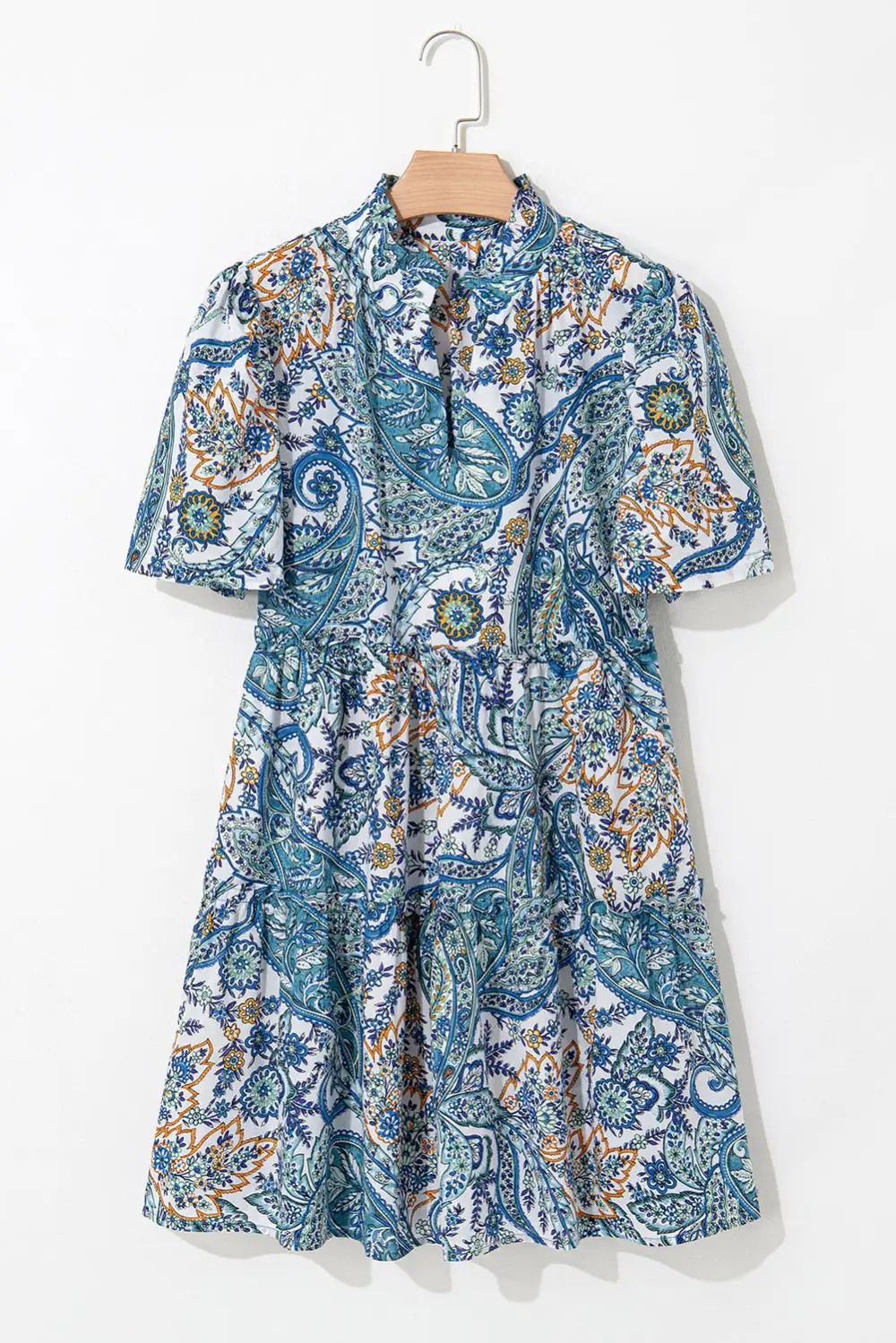 Bohemian Paisley V Neck Short Sleeve Mini Dress