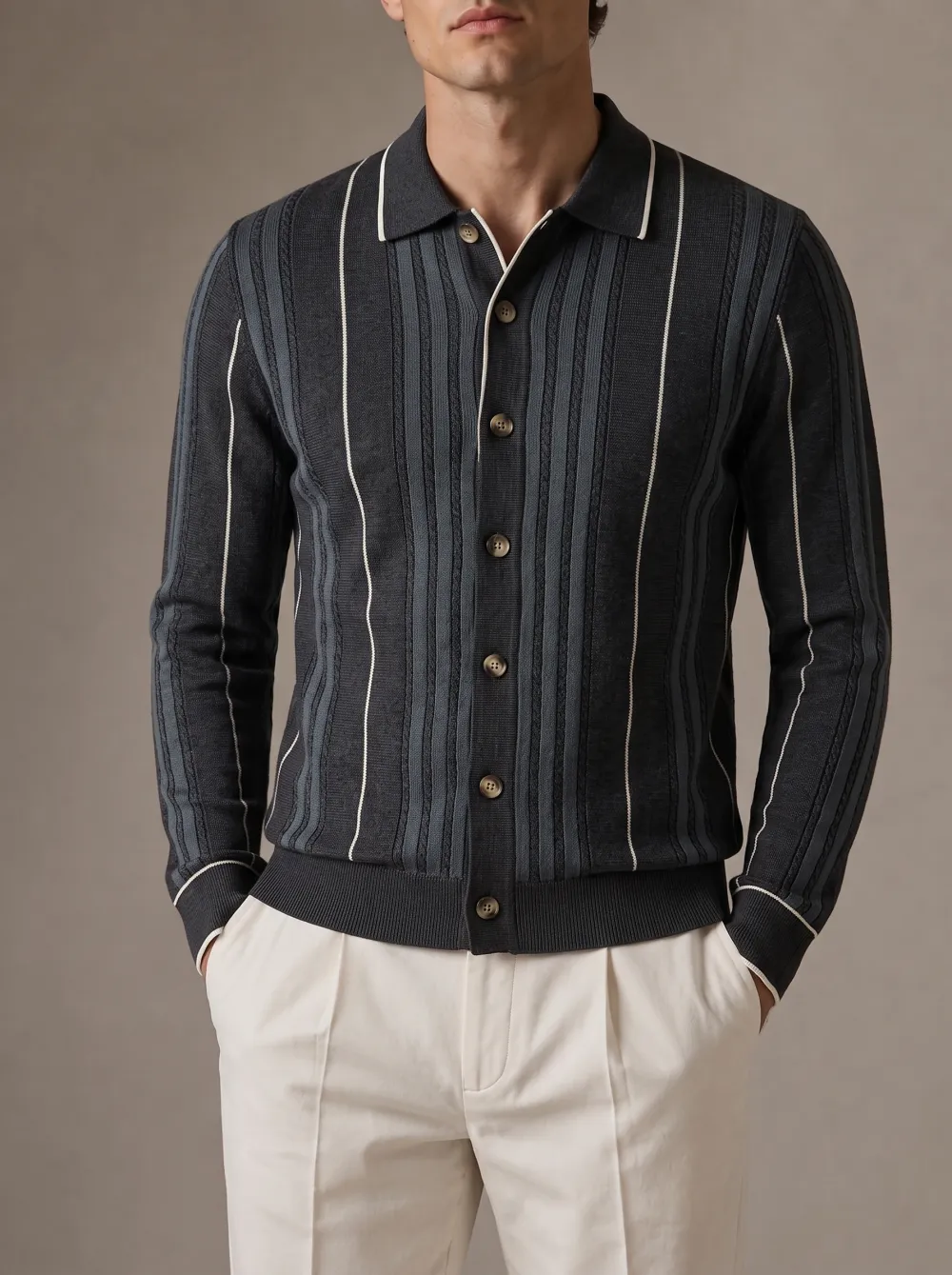 Men's Vintage Style Vertical Striped Knitted Button Up Shirt