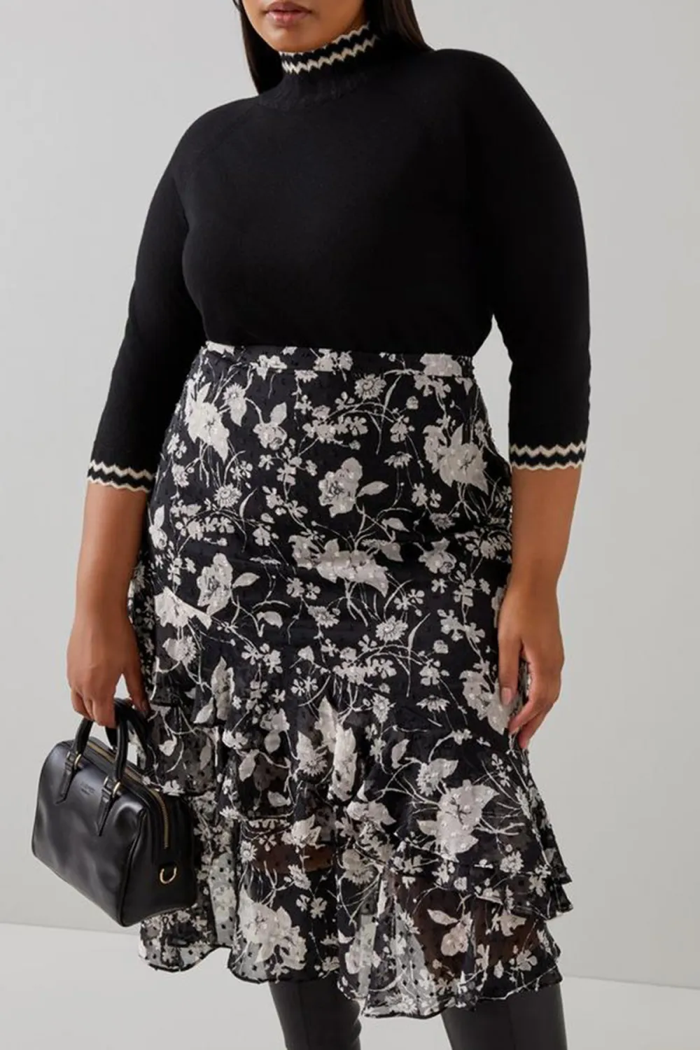 Black Cream Floral Print Tiered Midi Skirt