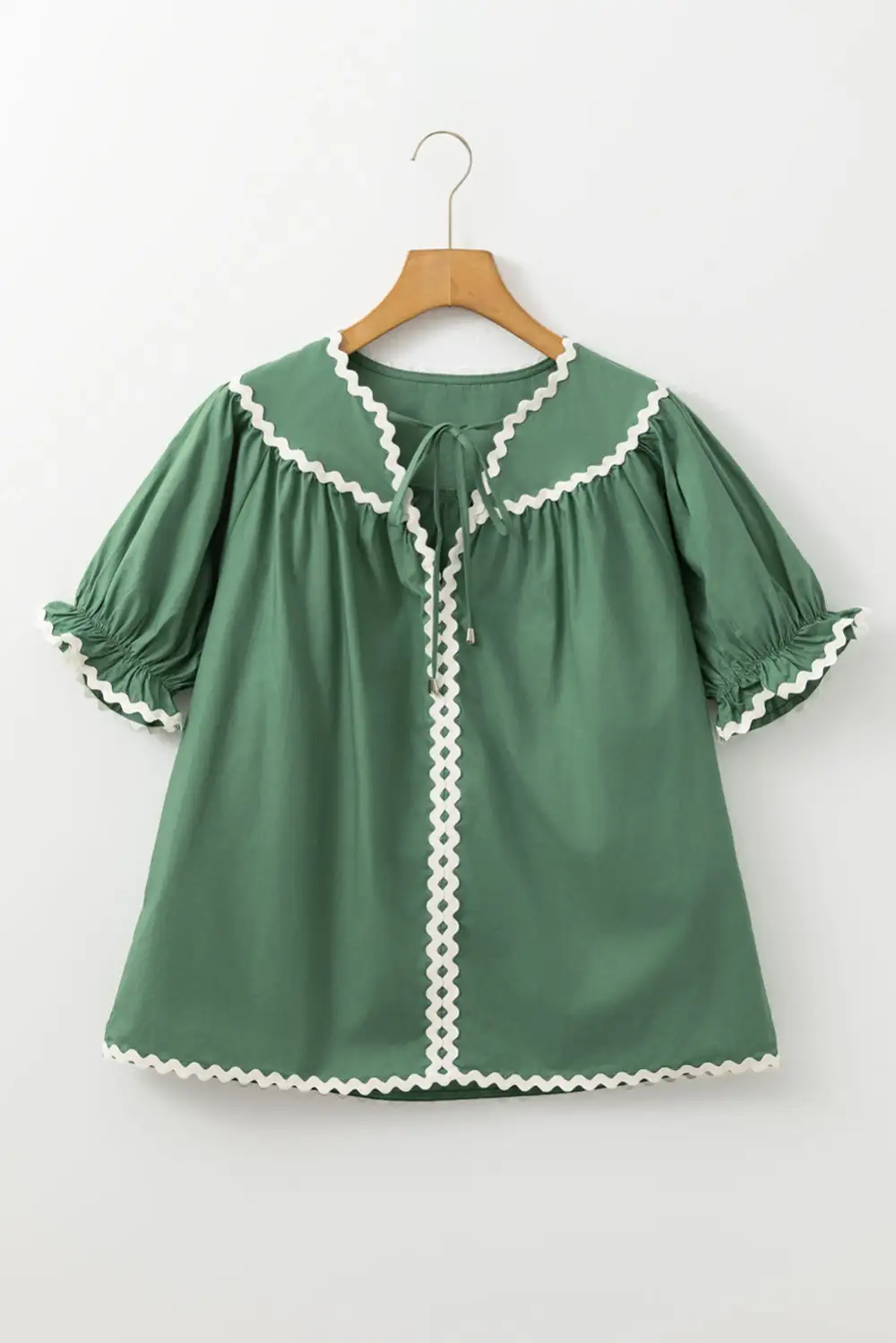 Mist Green Ric Rac Trim Tie Split Neck Short Sleeve Blouse