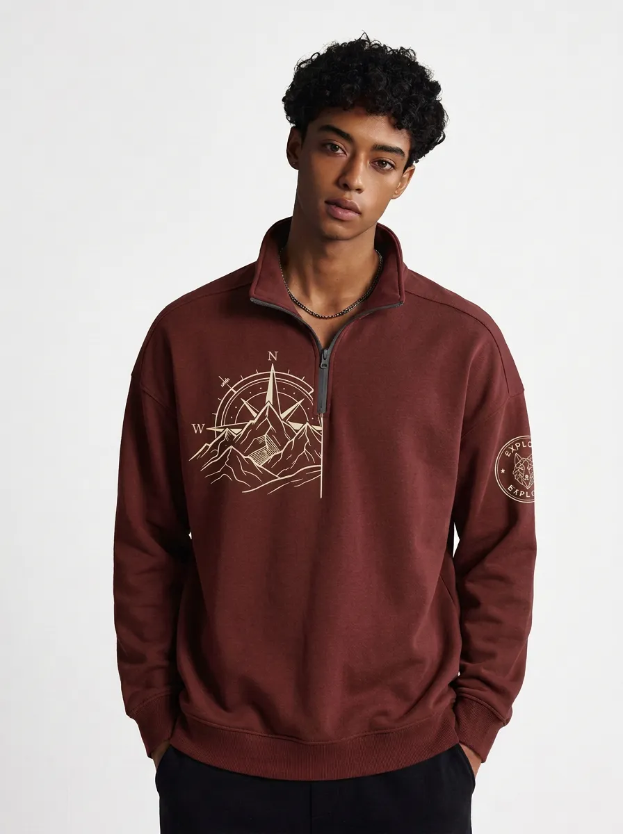 Men's Canyon Outdoor Mountain Compass Graphic Zip-Neck Sweatshirt