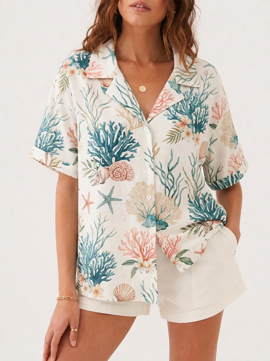Women's Coastal Print Camp Collar Short Sleeve Straight Hem Floral Motif Shirt