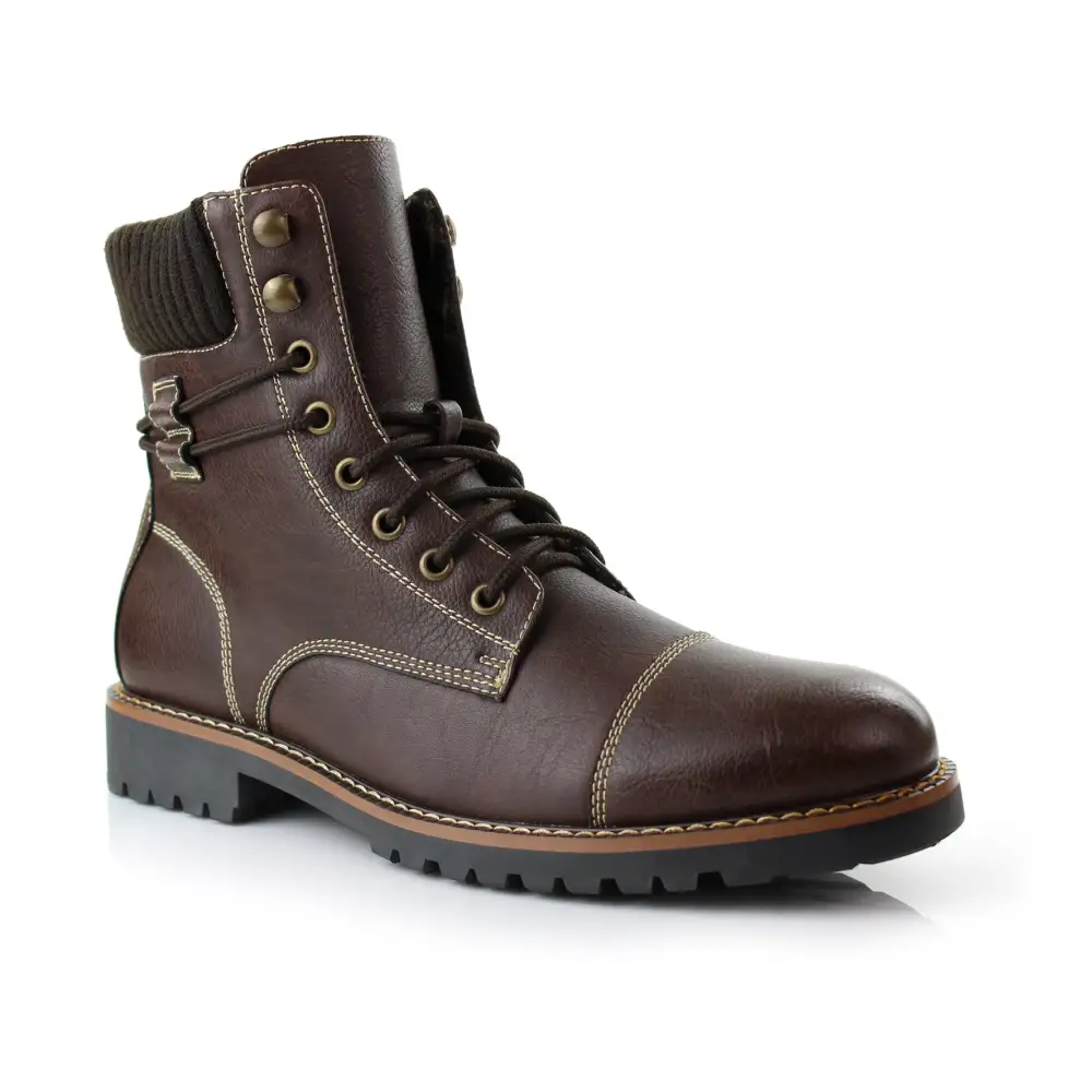 Faux-Leather Lace-Up Stitched Motorcycle Boots