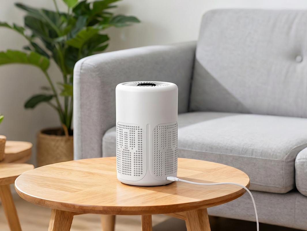 Compact white USB-powered air purifier on a living-room table