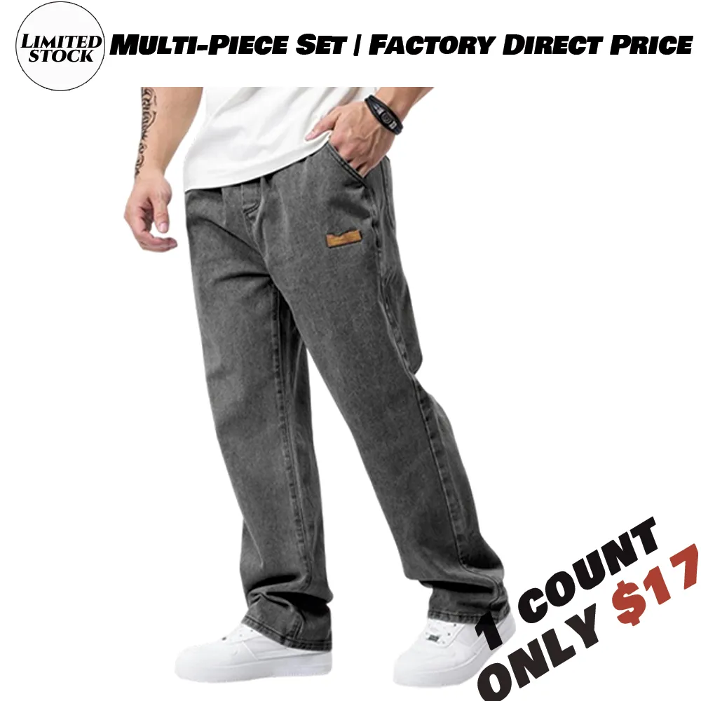 Men's drawstring elastic waist washed and distressed loose straight-leg jeans, non-stretchy denim pants, comfortable and loose fit. Suitable for daily casual wear, urban gatherings, and weekend fashion looks. A must-have trendy men's pants 🔥